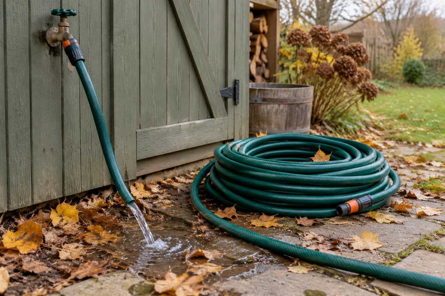 Слив воды из садового шланга перед хранением