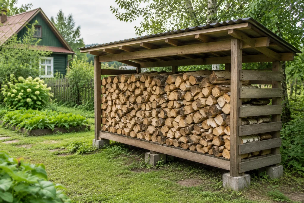 Дровник с открытыми стенками и аккуратно уложенными дровами