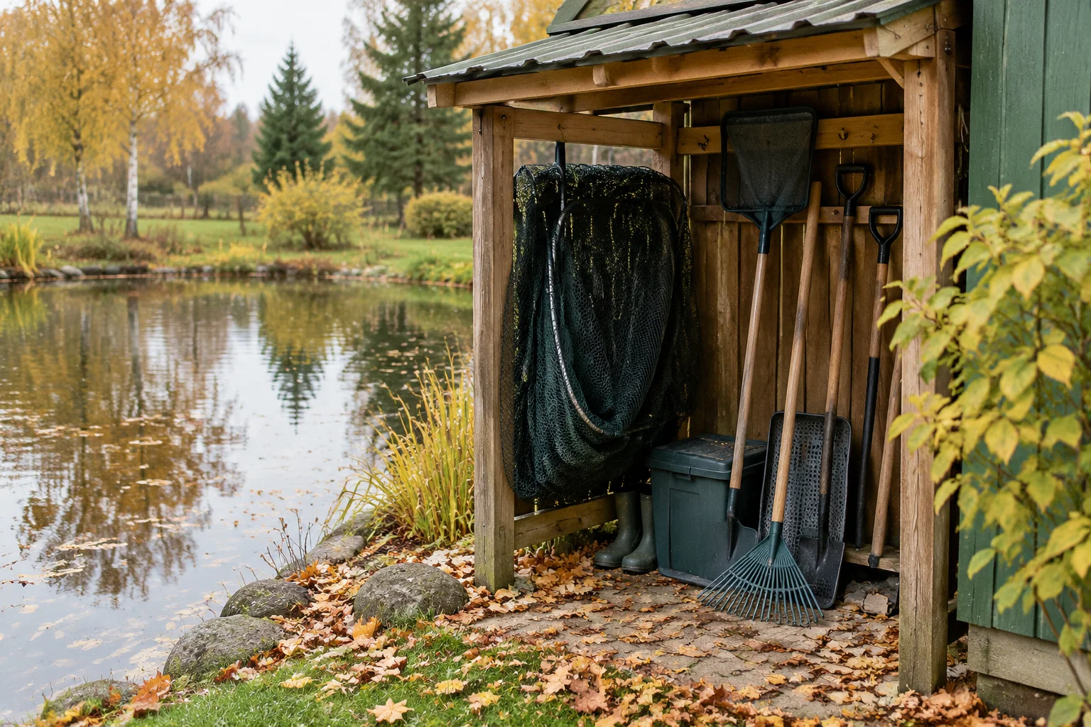 Сезонное хранение инструментов для пруда осенью