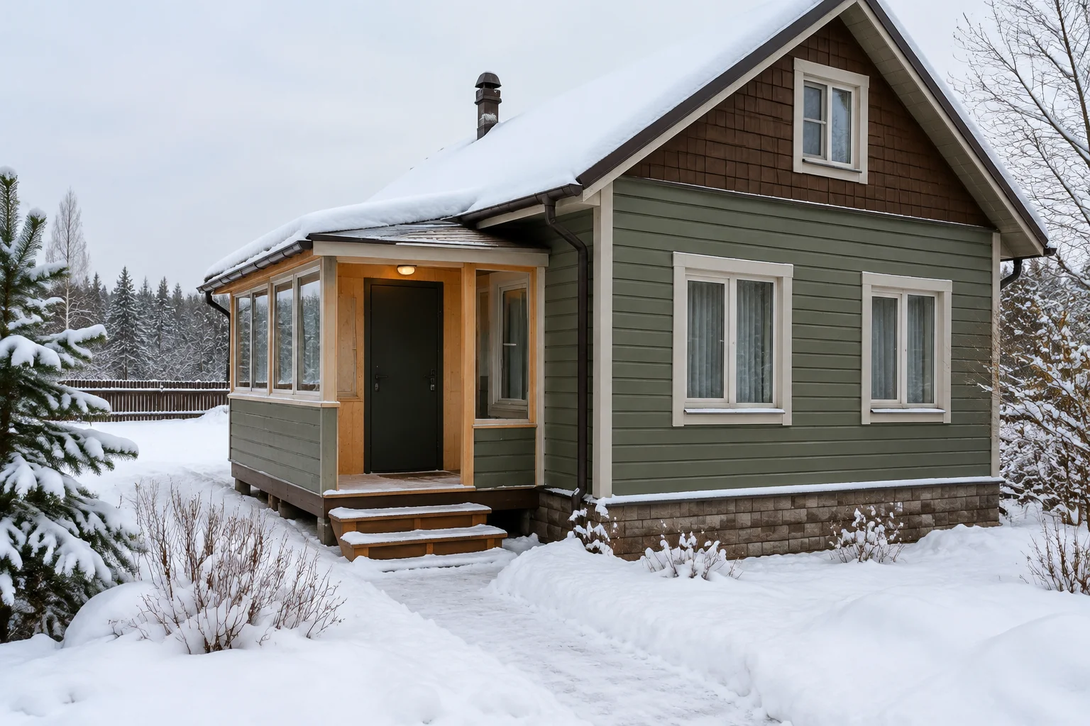 Дачный дом зимой с защитой от потерь тепла